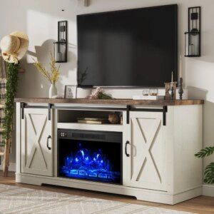 Fireplace TV Stand with Sliding Barn Door for TVs up to 73″, Farmhouse 63″ Fireplace Entertainment Center with Storage