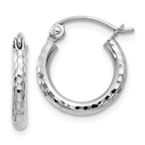 14k White Gold Diamondcut 2mm Round Tube Hoop Earrings