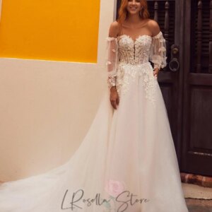 Sweetheart Neckline Lace Applique 3D Flower Shiny Tulle with Removable Long Sleeves A-line Wedding Dress Court Train 2025 Bridal
