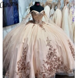 Mexican Champagne Quinceanera Dress Ball Gown 3D Floral Applique Beads With Cape Corset Sweet 16 Vestidos De 15 Años