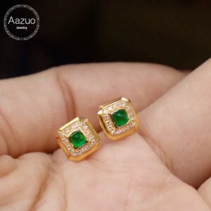 Aazuo Real 18K Pure Yellow Gold Natural Emerald Real Diamonds Square Stud Earrings gifted for Women Engagement Wedding Party