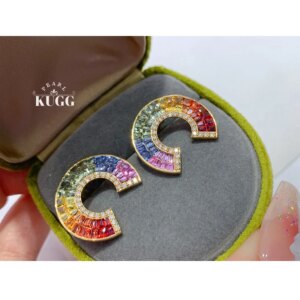 KUGG 100% 18K Yellow Gold Earrings Elegant Rainbow Design Shiny Diamond Natural Color Sapphire Earrings for Women Luxury Jewelry