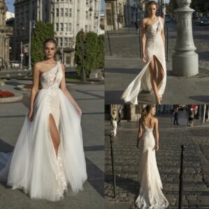 Mermaid Dresses With Detachable Skirts One Shoulder Lace Bridal dresses Sweep Train Appliqued Beach Wedding Dress 2024 Custom