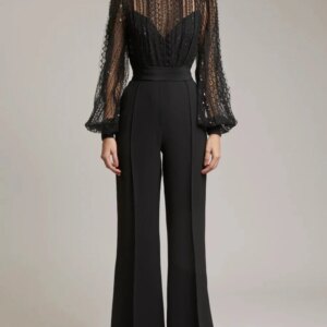 Elegant Wide-legged Jumpsuit Dances Between Transparency And Opacity In Glistening Sequins Beads and Lace 2024