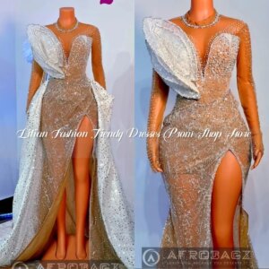 Luxury Flared Split Evening Gown Sparkling Beaded Appliqué Tulle Long Sleeve Detachable Train Customised Black Girls فساتين سهرة