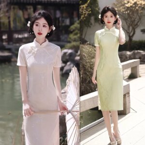 Fashion and Young Girls’ Daily Cheongsam Qi Pao Summer New Mid-Length Jacquard Long