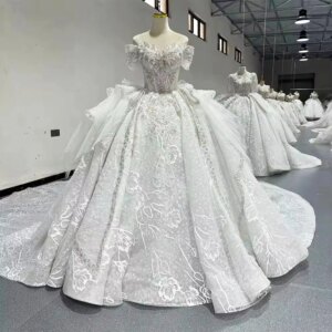 Vestido De Novia Para Boda Sweetheart Off Shoulder Beading Crystal Ball Gown Lace Bow Long Bridal Dress