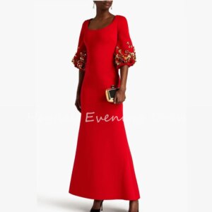Heyday Crepe Boat Neckline Mermaid Ankle Length Elegant Evening Dresses For Women 2025 With Flowers Half Sleeves Cocktail Dress