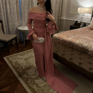 Customized Straight Prom Dresses Floor-Length Boat Neck Full Sleeve Evening Gown Fashion Ruffles Button Draped Cocktail Gown