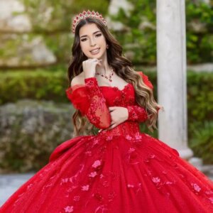 Customized luxury Shiny Red Long sleeves Quinceanera Dress sequin applique Lace 3D flower Bow vestidos de 15 Quinceanera 