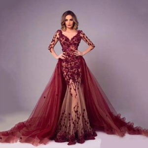 New Burgundy Evening Dresses Detachable Train Long Sleeve Flowers Elegant Formal Occasions Banquet Party Prom Gowns Custom Made
