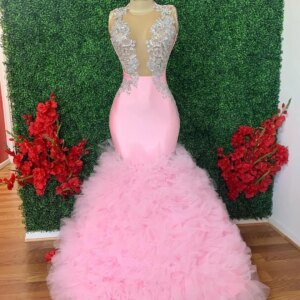 Pink African American Prom Dresses Mermaid Sheer Appliques Ruffles Black Girls Nigeria Robe De Soiree Evening Gown Customized