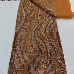 Orange Embroidery African Handmade Beaded Lace Fabric 2025 Groom Nigerian French Sequins Net Lace Fabrics for Evening Dress