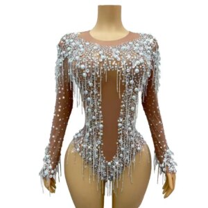 Women Diamonds Pearls Chains Leotard Costume Performance Sexy Outfit Evening Birthday Crystals Fringes Bodysuit Shuijinglian