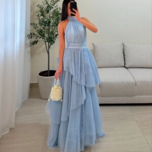 Customized Multi-Layered A-line Mesh Fabric robes de soirée Halter Neck Sleeveless Party Dresses Ankle-Length Prom Dresses 2025