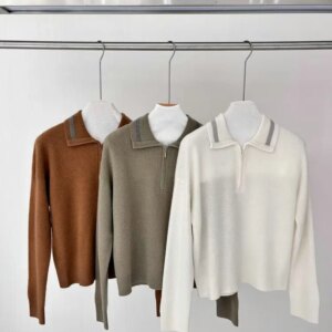 Bead Chain Women’s Cashmere Blend Sweater Autumn Winter B*C Half Zipper Turn-down Collar Long Sleeve Fashion Knitted Pullover