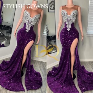 Luxury Purple Mermaid Prom Dresses with Taasel Crystal Beaded Sequins Party Gowns For Black Girls Evening Dress Customized