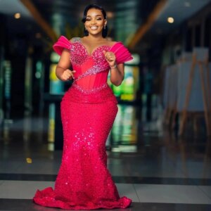 Evening Dress Popular Hot Pink African Prom Dresses Aso Ebi Wedding Guest Gown Sheer Neck 3D Pleated Shoulder Beads Lace Fuchsia