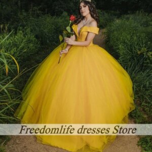 Elegant Yellow Quinceanera Dresses Off Shoulder Short Sleev Ball Gown Tulle Simple Sequin Sweet 16 Vestidos 15 Anos Customized