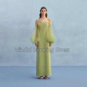 Vindal Crepe Straight Sweetheart Neckline Long Sleeves Simple Evening Dresses For Women 2025 With Beading Floor Length Prom Gown