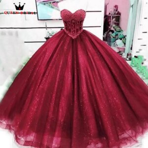 Burgundy Sweetheart Ball Gown Quinceanera Dress Exquisite Glitter Tulle vestido de 15 años quinceanera princesa Custom Made LJ12