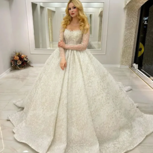 Customized Elegant White Women Strapless Long Sleeve Wedding Dress Lace Printed Luxury Bridal Gowns A-Line Dresses