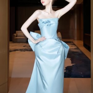 Blue Celebrity Dress Satin Sleeveless Sense Of Design Off The Shoulder Backless Strapless Evening Party Prom Gown 2025 New