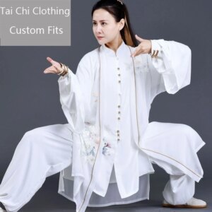 Painted Print Tai Ji Suit Women’s New White Pearl Silk Spring and Autumn Flowers like Brocade Three-Piece Set