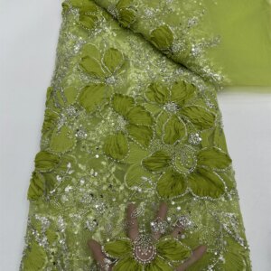 African 3D Flower Beaded Fabric, Sequins Embroidery, French Tulle, Mesh Lace Fabric for Wedding, Luxury Fashion,5 Yards