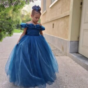 Customized Lovely 3D Floral Appliques Blue Flower Girl Dresses For Wedding 2025 O-Neck Princess First Communion Gowns With Bow
