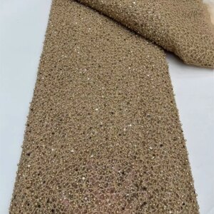 High Quality African Gold Handmade Beads Lace Fabirc 2025 Sewing Sequin Embroidery Nigreian Lace Fabric For Evening Dress W524-1