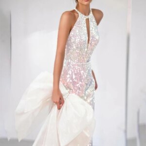 Vintage Mermaid Prom Gowns Formal Evening Dresses Floor Length Sleeveless Halter Neck Detachable Glitter Sequins Customed