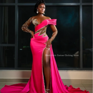 Exquisite Card Shoulder Satin Evening Gown Rose Pink Sexy High Split Beaded Crystal African Wedding Customised See Through Mesh