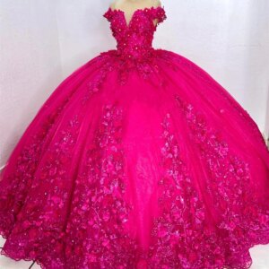 Princess Hot Pink Lace Appliques Quinceanera Dresses Off The Shoulder Beaded Ball Gown Princess Dress Corset bestidos Customized
