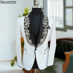 White Jacquard Men Business Appliques Lace Formal Occasion Tuxedos Grooms Wedding Party Prom Male Suit 2 Piece Set Blazer Pants