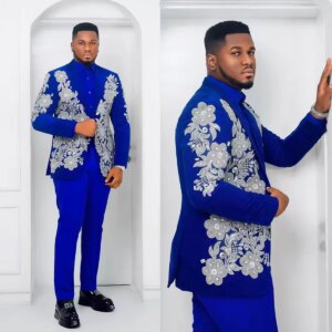 Royal Blue Beaded Lace Men Wedding Suits 2 Pieces Plus Size One Button Pocket Jacket Customized Formal Groom Suits Homme Costume
