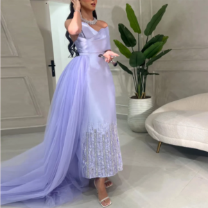 Exquisite Light Purple Women Evening Party Dress Off Shoulder Floor Length Shiny Beading Formal Occasion Prom Party Female Gowns