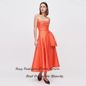 Elegant Evening Dresses Cocktail Party Prom Gowns Vestidos De Fiesta Satin Strapless A-Line Ankle Length Ruched Gown with Bow