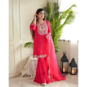 Red Color Embroidery Work Kurti Sharara with Dupatta Set Women Pink Sharara Set