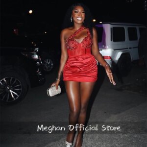 Red One Shoulder Short Prom Dresses For Black Girls Beaded Birthday Party Dress Mini Cocktail Homecoming Robe De Customized