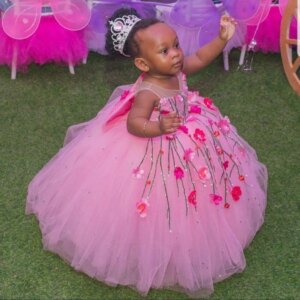 Pink 3D Floral Kids Birthday Party Dresses Customized Beading Flower Girl Dresses for Wedding Baby Girls Prom for Photoshoot