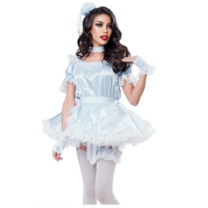 Hot selling sissy baby soft light blue satin maid dress cosplay with lock set customization