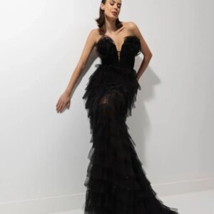 Iuxury Strapless Prom Dresses Black 2025 Elegant Tulle V-Neck Sexy Tiered Party Dress For Woman Mermiad Backless Gala Customized