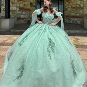Customized Green Off Shoulder Quinceanera Dresses Ball Gown Bead 3D Flowers Birthday Luxury Dress Appliques Princess Gown