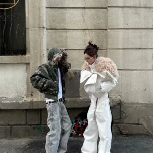 White Unifrom Profile Wide Leg Low Crotch Loose Leisure Horn Zipper Long Pants Men and Women Fashion