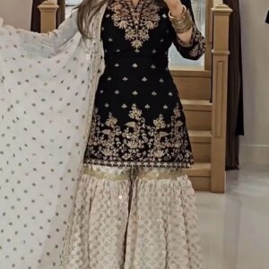 Salwar Kameez Sets Women Gown Applique Decoration Black Kurti White Sharara Dupatta for India Wedding Party