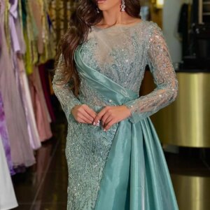 BABYONLINE Customized Evening Dress Long Sleeve Lace Beaded Appliques Mermaid with Satin Tail Floor-length for Formal Party