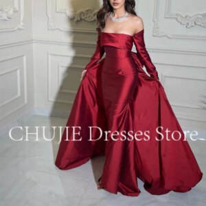 Customized Burgundy Satin Elegant Evening Dresses Strapless Prom Gowns A Line With Big Bow Long Sleeve Wedding Party Guest Dress