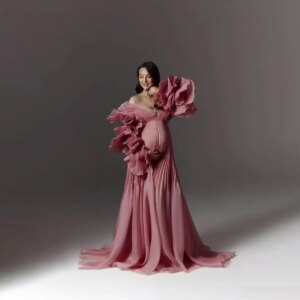 V Neck Pleated Organza Maternity Dresses for Photoshoot Pregnancy Long Dress for Maternity Shoot Baby Shower Dresses YW243116