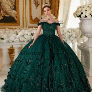 Glitter 3D Floral Quinceanera Dresses Lace Appliques Princess Ball Gown Sweet 16 Dress Sequins Customized Vestidos De 15 años